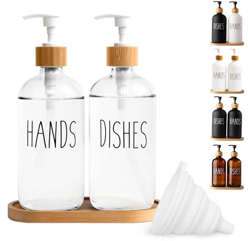 LOOCHICA Clear Glass Soap Dispenser Set with Tray, Transparent Dish and Hand Soap Dispenser Set, Refillable Reusable Apothecary Soap Pump Dispenser Bottles for Bathroom and Kitchen