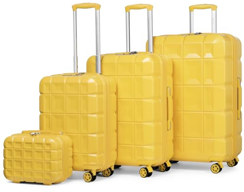 KONO Kofferset 4 Teilig Gepäck-Sets Hartschalenkoffer Reisekoffer Set Zwillingsrollen ABS Koffer Trolleys mit TSA Schloss 4 Rollen mit Beautycase-M-L-XL-Set (4tlg. Kofferset, Gelb)