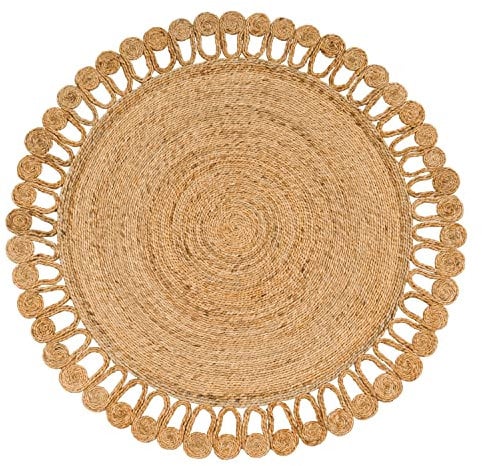 Paco Home Teppich Rund Wohnzimmer Jute Boho Ethno Muster Modern Handgefertigt Naturteppich, Grösse:200 cm Rund, Farbe:Natur 5