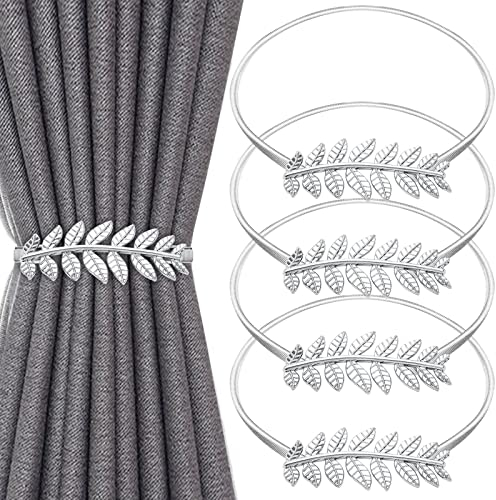 Vorhang Raffhalter, 4 Stück Raffhalter für Vorhänge Metall Vorhang Clips mit Federseil, Gardinen Raffhalter Vorhang Halter Schnallen Vorhang Binder Gardinenhalter für Haus Dekoration (Silber Blätter)