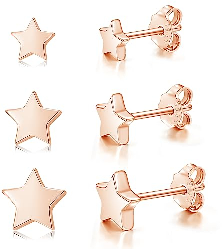 Loutade Damen 925 Sterling Silber Ohrstecker Set - 3 Paare Hypoallergen Stern Ohrringe Stecker, 4/5/6mm Flach Rose Gold für Mehrere Ohrlöcher
