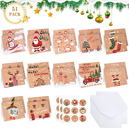 CAUTIOUS 51 Stück Weihnachtskarten, Frohe Weihnachten, mit Geschenkanhänger und weißem Umschlag, Kraftpapier, Weihnachtskarte, Umschlag, Weihnachtskarten, aus Karton