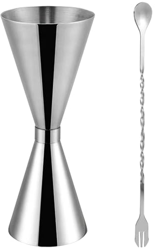 1 taza medidora de cóctel con 1 cuchara de cóctel, 30 ml/60 ml, vaso medidor de doble cara con medición de bar, adecuado para cócteles, fiestas de bar