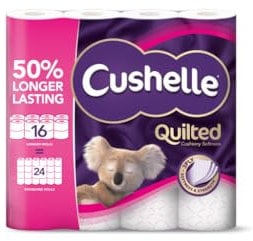 Cushelle Quilted 50% Longer Lasting Toilet Tissue 16 Equals 24 Regular Rolls