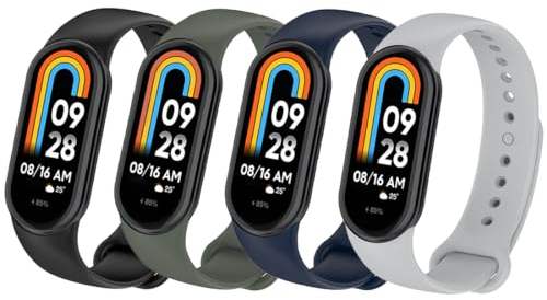 Msksjer 4 Stück Armband kompatibel mit Xiaomi Mi Band 10/9/Xiaomi Mi Band 8 für Damen Herren, Weiches Silikon Sport Armbänder für Mi Band 10/9/8, Schwarz/Grau/Marineblau/ArmeeGrün