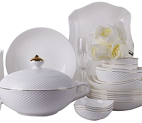 56 Pieces Dinner Set, White Porcelain Fine Bone China Home Kitchen Serving Dinnerware Set with Cereal Bowls Plates Dishes Soup Pot with Gold Rim Service for 12 People Microwave and Oven Safe