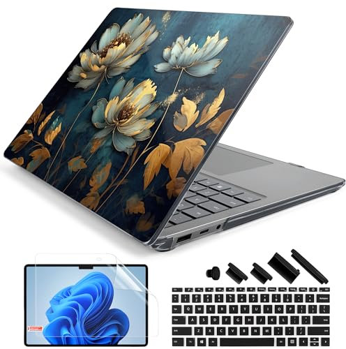 Batianda Premium Laptop Case for 15 Microsoft Surface Laptop 5 4 3 with Metal Palm Rest Designed Black Clear Protective Plastic Hardshell & Keyboard Cover & Screen Protector, Blooming Flowers