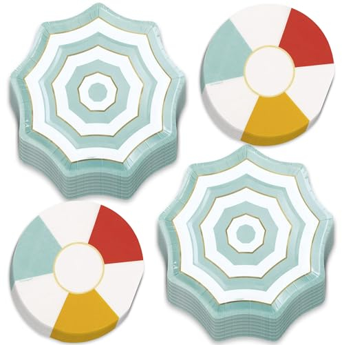 HOME & HOOPLA Poolside Summer Party Supplies - Pool Umbrella Gold Boutique Round Paper Dessert Plates and Pool Float Shaped Beverage Napkins (16 Plates & Napkins)