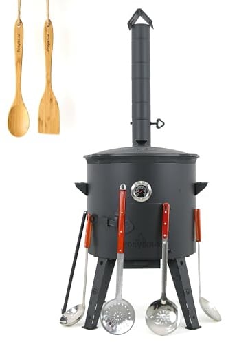 Utschak Feuerofen Ø 44 cm 2 mm Stahl mit Thermometer Usbekische Kazan 16 L runder Boden 2 Schaumlöffel 48 cm Schaumlöffel 64 cm Schöpfkelle 48 cm Löffel und Spatel 35 cm Kazan Gusseisen (Set 6)