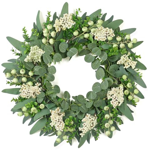 Weldomcor 50 cm Große Künstlicher Eukalyptus Kranz, Grün Türkranz mit Beeren Frühlings Sommer Kranz für Haustür Wand Fenster Festival Veranda Bauernhaus Terrasse Garten Dekor