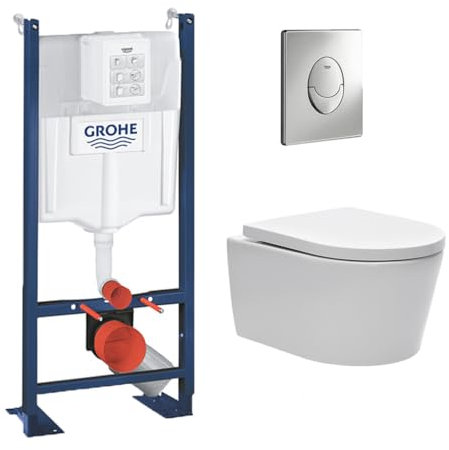 WC Suspendu Pack Complet Accessoires - Pack WC Grohe Rapid SL autoportant, WC sans bride, fixations cachées, Plaque chrome, Set d'isolation phonique, Abattant WC, Cuvette Toilette, Chasse d'eau Wc