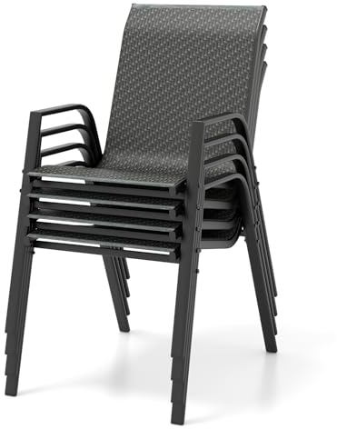 GYMAX 4er-Set Gartenstühle aus Rattan, stapelbare Esszimmerstühle mit Arm- & Rückenlehne, Stapelstühle für Veranda, Garten & Poolbereich, 51 x 66 x 84 cm