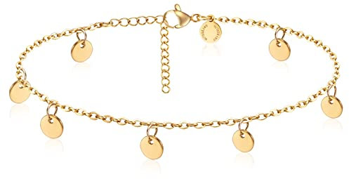 day.berlin Damen Fußkettchen Sun in Gold 18k vergoldet, Fußkette 23cm + 4cm, variable Länge mit kleinen Plättchen (5mm) aus 316L Edelstahl, nickelfrei und wasserfest