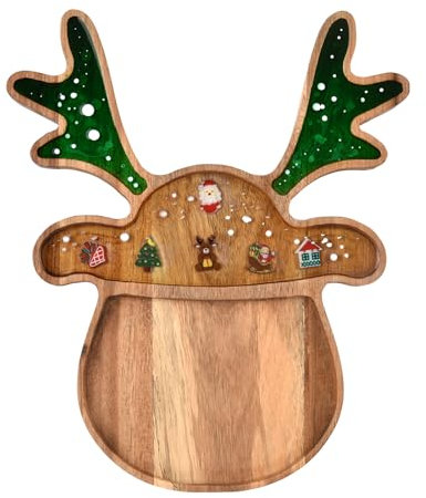 Guowall Weihnachts-Holztablett, Akazienholz und Epoxidharz, Serviertablett für Weihnachtssnacks, Tischdeko oder zum Basteln (Elchkopf)