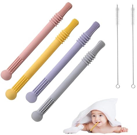 Zueyen Massaggiagengive per bambini, giocattolo da masticare – 4 bastoncini da masticare in silicone, aiuto dentale con 2 spazzole (rosa, giallo, viola, grigio)