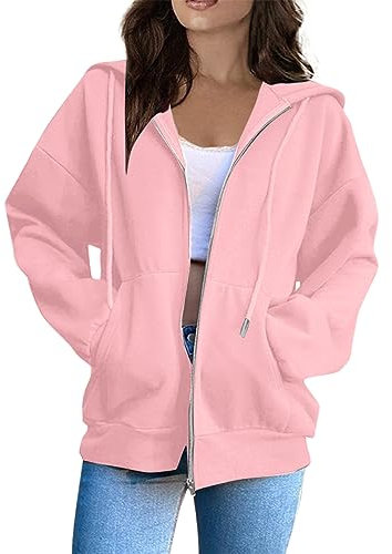 Women's Full Zip Hoodie Jacket - Long Sleeve Plain Zipper Hooded Sweatshirt, Lightweight Sports Running Coat Top With Pockets, Pink, 3XL, U64K