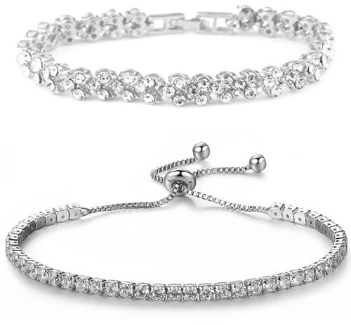 JEYORZY 2Stück Armbänder für Damen, Tennis Armband Damen Silber, Diamant Armband Damen, Armband Zirkonia, Glitzer Armband Damen, Armband Damen Strass für Frauen Mädchen Ehefrau Mutter Schmuck Geschenk