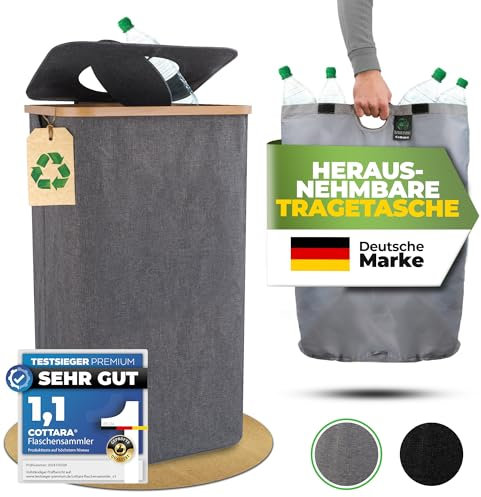 COTTARA® Pfandflaschen Sammelbehälter mit Deckel und Tragetasche | Pfandbehälter mit Loch drehbar | Ideale Pfandflaschen Aufbewahrung Leergut Sammelbehälter Flaschensammler (Grau ohne Aufdruck)