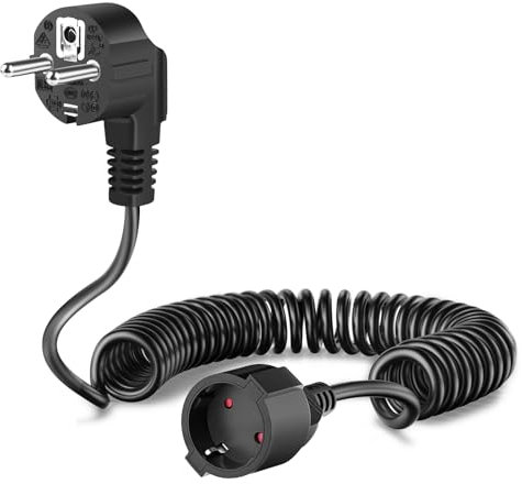 Euakee Cavo di Prolunga Protettivo da 2 Metri con Spina Schuko Extra Piatta, da 0,2 m a 2 metri Max. Cavo a spirale 2 x 1,0 mm con Spina e Frizione Schuko, 230V / 16A Schuko per Casa, Ufficio