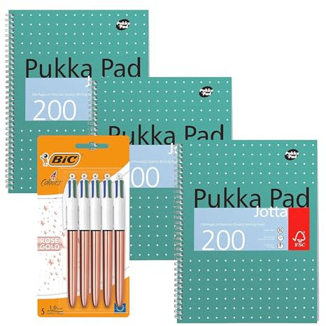 BIC 4 Colours Rose Gold Retractable Ballpoint Pens, Medium Point, Pack of 5 & Pukka Pad A4 Metallic Jotta 3 Pack Notebooks, 200 Pages, Perforated & 4-Hole Punch Ideal for Office & School