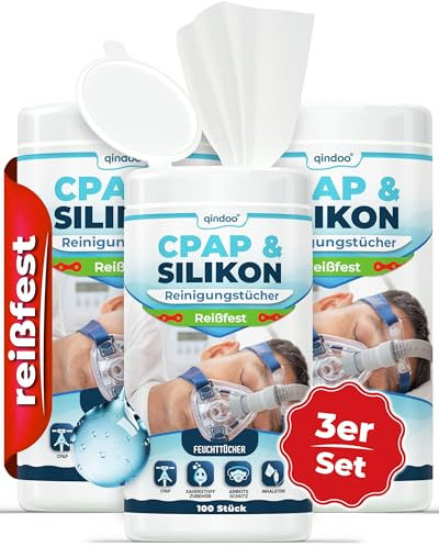 Reißfeste CPAP Reinigungstücher, 100x CPAP Wipes Qindoo in Spenderdose, Duftfrei ohne Alkohol, Tücher zum reinigen Silikon, CPAP Masken, Sauerstoffmasken, Nasenbrillen (3 Dosen)