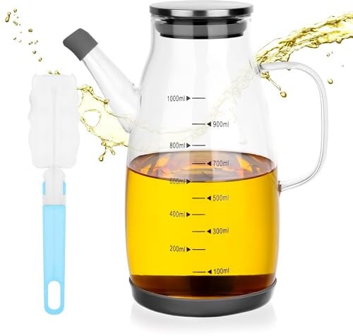 Starvortex Bouteille Huile de Grande Capacité, Bouteille Verre Huile 1L Incassable et Résistant, Bouteille pour Huile d'Olive avec Graduations, Distributeur Huile avec Base et Couvercle en Silicone