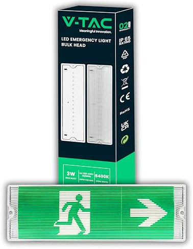 V-TAC Notleuchte LED 3 W für Decke und Wand – Notausgangsbeleuchtung mit Akku – Akkulaufzeit 3 Stunden – IP65 – Lampe für Steckdose – Exit – 4 Signalisierungen enthalten – Licht 4000 K