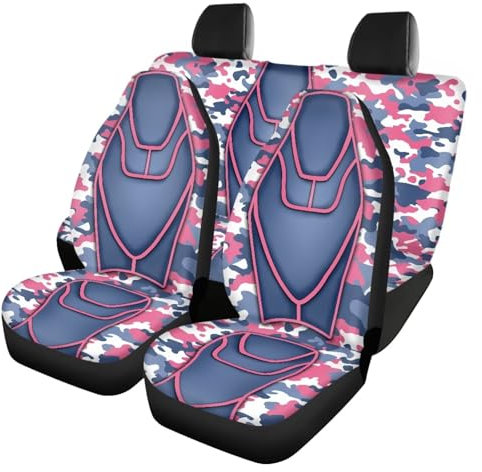 Jeiento Coprisedili anteriori e posteriori universali per auto, 4 pezzi, motivo mimetico, colore rosa e viola