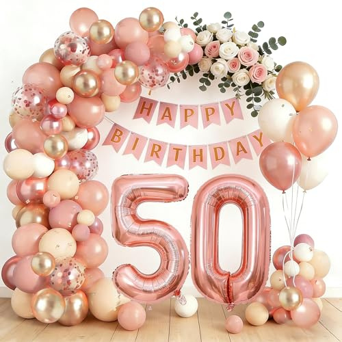 50th Birthday Decorations for Women, Rose Gold Balloons Garland Arch Kit Party Decorations with Number 50 Foil Balloon Happy Birthday Banner, Rose Gold Decor for 50th Birthday Party Supplies Women