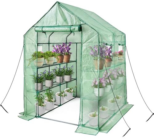Grandhom Serre de jardin en plastique avec étagères, 12 niveaux avec housse en polyéthylène renforcé et 4 fenêtres, 143 x 143 x 195 cm, pour semis et culture de plantes d'intérieur et d'extérieur