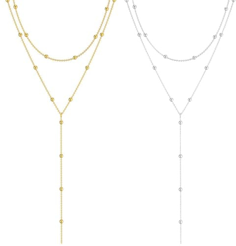 FENQURO 2 collane in oro, lunghe a Y, da donna, in acciaio inox dorato, argento, gioielli per donne, elegante catena lunga per donna, set di catene, semplice gioiello in argento
