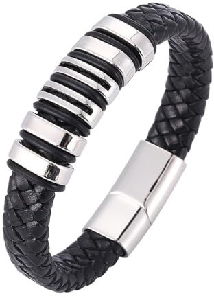 Aotiwe Bracelet Men Chain, Armband Silber Zart Schwarz Leder Geflochtene Kordel Mit Magnetschnalle Im Schlichten Stil aus Stahl 16.5cm