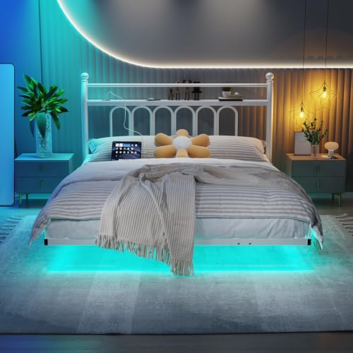 JELUTE King Bed Frame with LED Lights Storage Headboard and Charging Station, Heavy Duty Metal Platform Double Bed Frame, No Box Spring Needed, Noise Free, White