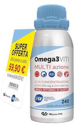 Marco Viti Omega3 Viti Multi Azione 240 Perle Softgel – Alta Concentrazione EPA 375 mg e DHA 250 mg, Integratore per Cuore, Cervello e Vista, Senza Glutine