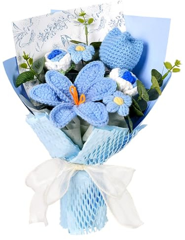 Wishwell Pop Blumenstrauß Gehäkelt, Tulpen Rosen und Gänseblümchen, Blau | Handgemachte Häkelblumen Geschenk für Mama, Freundin und Familie zu Muttertag, Geburtstag, Hochzeit und als Dekoration