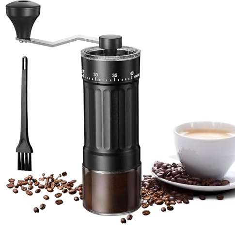 Handkaffeemühle mit 40 einstellbaren Einstellungen, mit hochpräziser Keramik-Kegelbürste für Aeropress, Espresso, Pour-over, French Press und Mokapot