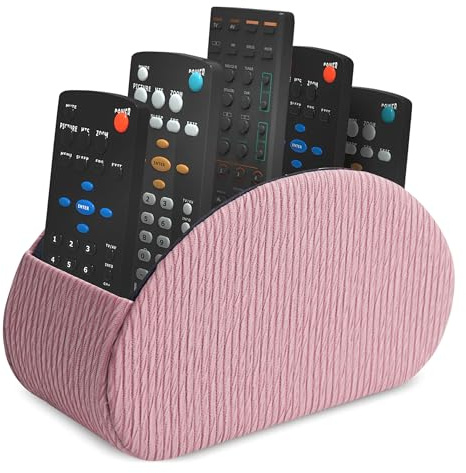 QIELIZI Remote Control Holder, PU Leather Remote Caddy Desktop Organizer with 5 Spacious Compartments for TV Remotes/Media Controllers/Office Supplies (1-Wood Pink