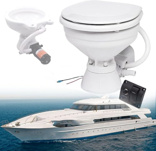 12 V leise spülende Wohnmobil-Toilette – elektrische Marine-Toilette mit integriertem Zerkleinerer, kompaktes Design, Ein-Knopf-Spülung für Boote und Yachten
