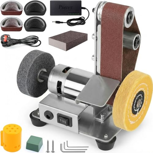 3-in-1 Electric Belt Sander, 7 Speed Adjustable Mini Power Sanding Machine with 30 Sanding Belts and 2 Grinding/Polishing Wheels, Bench Grinder for DIY Woodworking, Metal Crafting, Jewelry Making