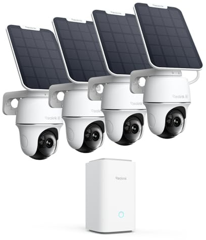 Reolink 4K PT Solar Überwachungskamera Aussen Akku Set Outdoor mit Home Hub | 360° Auto-Tracking, Farbnachtsicht, Lokaler Speicher, Ohne ABO-Gebühren, Argus PT Ultra 4-Kamera-Set, mit Solarpanel