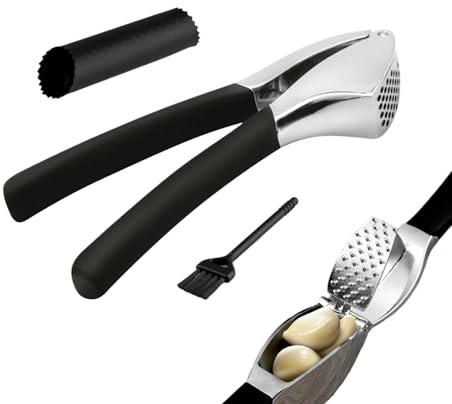 Tuxuseo Garlic Press - Kitchen Aid with Cleaning Brush, Stainless Steel Garlic Chopper - for Cafeteria, Picnic, Restaurant, Barbecue, Camping, Salad, Soup