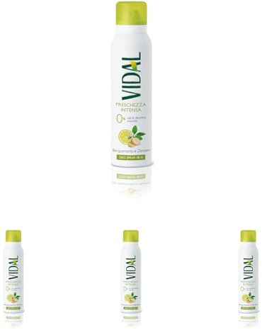 Vidal - Deodorante Spray Freschezza Intensa, Senza Sali di Alluminio, Effetto Asciutto fino a 48h, Fragranza Bergamotto e Zenzero, 150ml (Confezione da 4)