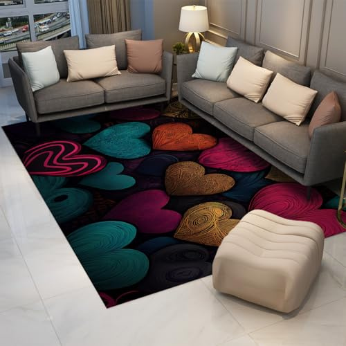 UERWOWELL Gemütliche Bodenteppiche 160x200cm Mehrfarbig Herzenmuster Teppich mit niedrigem Flor rutschfest romantischer Valentinstag Restaurant Laden Sofa-Dekoration