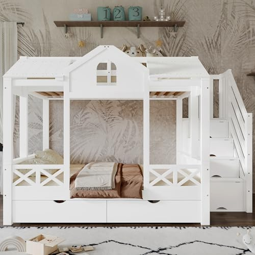 vutizal Etagenbett 90x200 & 140x200 cm | Spielhaus-Design mit Schrank und Schubladen | Stabiles Hochbett mit Stauraum | Für Kinderzimmer