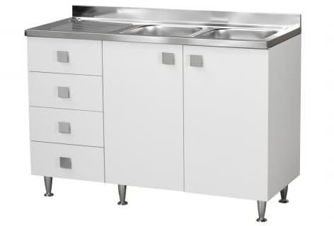 Relax e Design Küchenschrank mit Spüle aus Edelstahl, 2 Becken, 2 Türen und 4 Schubladen, weiß, Holzoptik, Abtropffläche, 120 x 50 x 88 cm (Ablageflächen rechts)