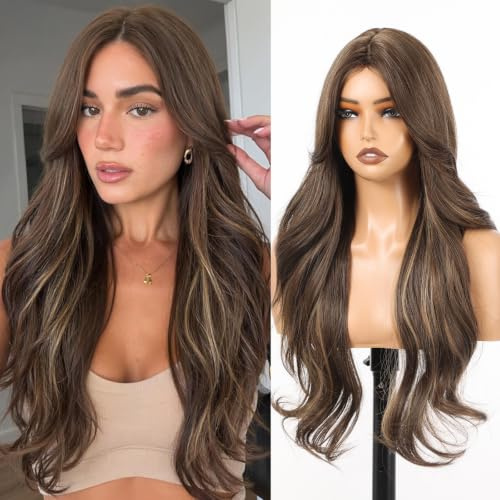 Allbell-brun med guldhighlights syntetisk nätperuk för kvinnor, 71 cm långa våglockar peruk med gardinpony, naturligt mitt-hårfäste limfri salong highlight look