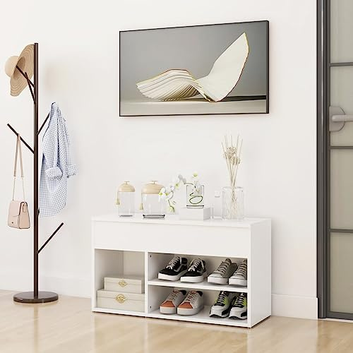 Hothingwell Schuhbank, Weiß, 80 x 30 x 45 cm, Bank mit Truhe, Aufbewahrung, Holz, Schuhschrank mit 2 Regalen und Fächern, ideal zum Organisieren Ihrer