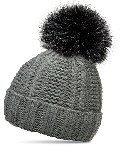 Caspar MU162 Damen gefütterte Mütze Strickmütze mit XL Kunstfell Bommel, Farbe:grau, Größe:One Size