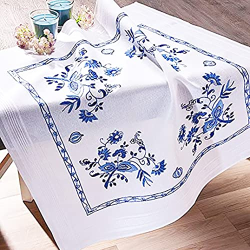 KAMACA Stickpackung Plattstich Stielstich vorgezeichnet Baumwolle komplettes Stickset mit Stickvorlage Stickerei-Kit zum Selbersticken Erwachsene (Blumen Pracht in Blau MD 80x80 cm)