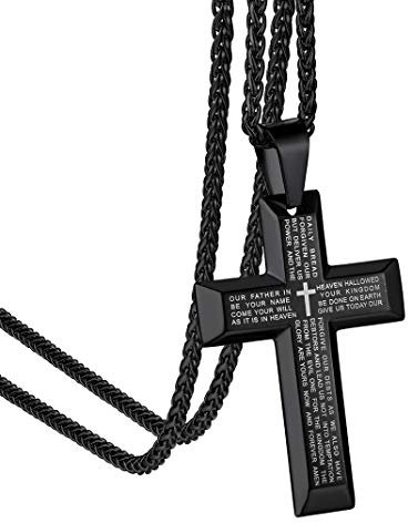 GoldChic Jewelry Lords Prayer Cross Pendant, Black Bible Religious Jewelry, English Scripture Necklace